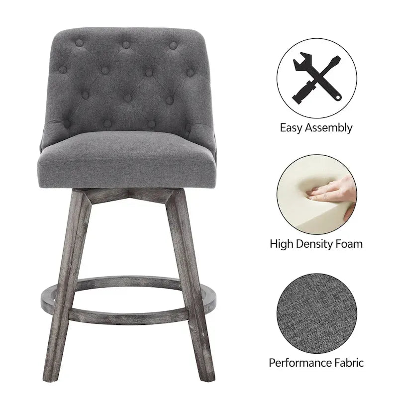 Tabouret de bar pivotant capitonné avec pieds aspect bois en lin gris foncé