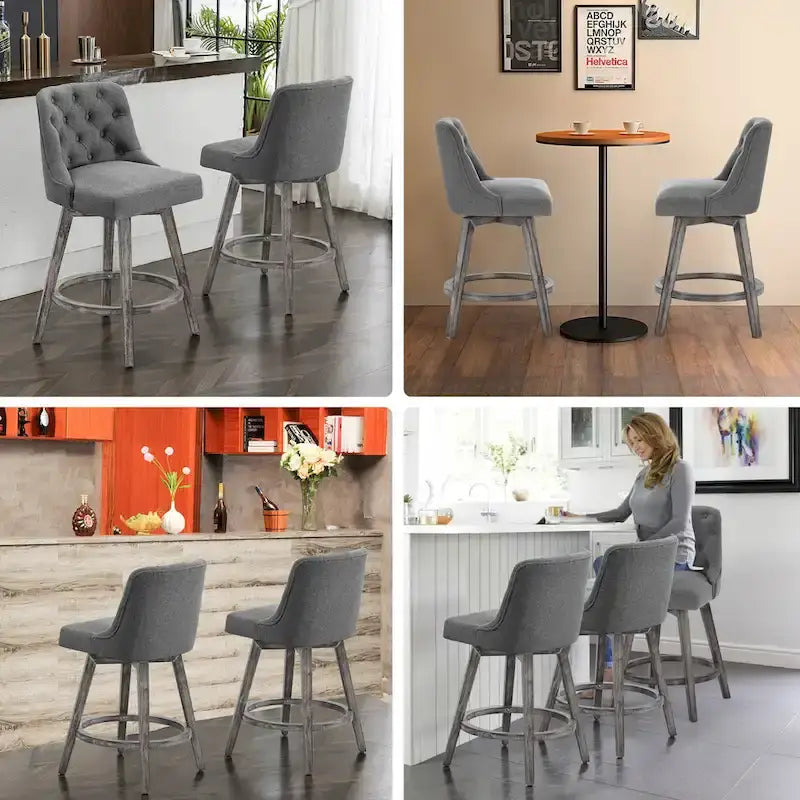 Tabouret de bar pivotant capitonné avec pieds aspect bois en lin gris foncé