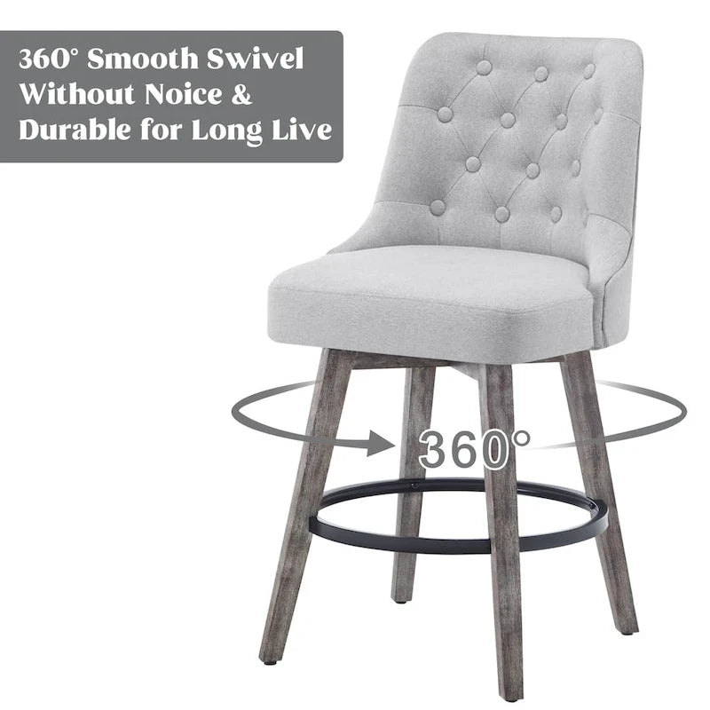 Tabouret de bar pivotant capitonné avec pieds aspect bois en lin gris foncé