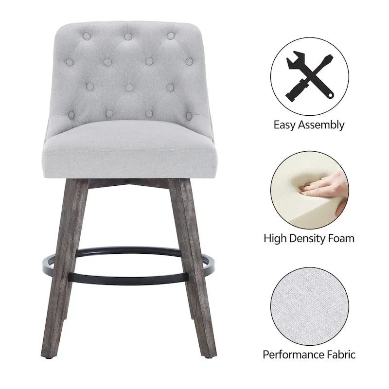 Tabouret de bar pivotant capitonné avec pieds aspect bois en lin gris foncé
