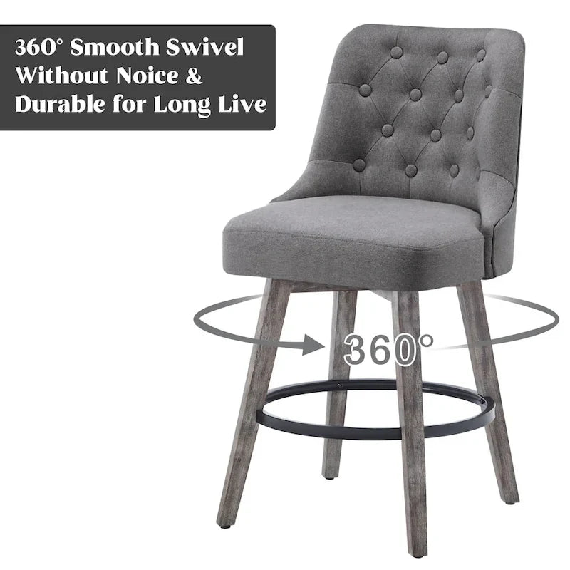 Tabouret de bar pivotant capitonné avec pieds aspect bois en lin gris foncé