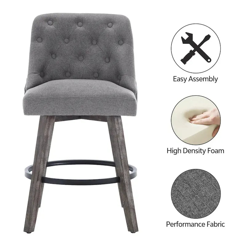 Tabouret de bar pivotant capitonné avec pieds aspect bois en lin gris foncé