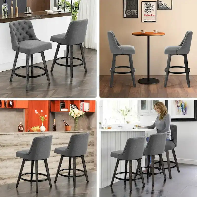 Tabouret de bar pivotant capitonné avec pieds aspect bois en lin gris foncé