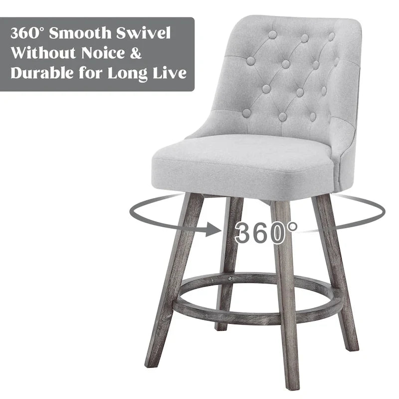 Tabouret de bar pivotant capitonné avec pieds aspect bois en lin gris foncé