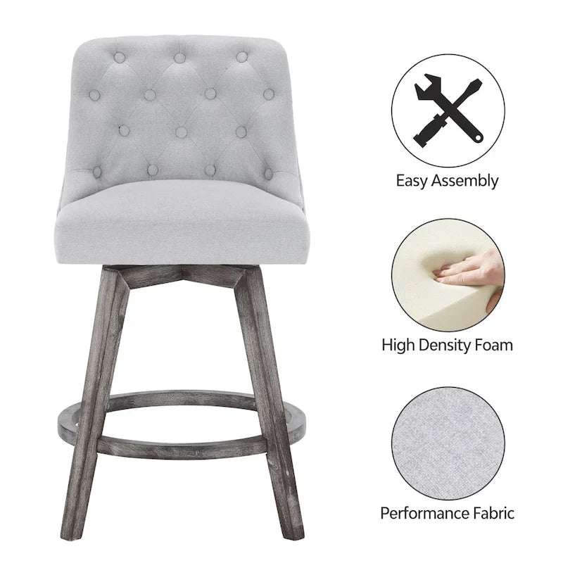Tabouret de bar pivotant capitonné avec pieds aspect bois en lin gris foncé