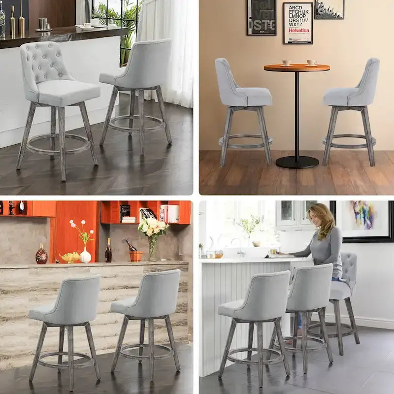 Tabouret de bar pivotant capitonné avec pieds aspect bois en lin gris foncé