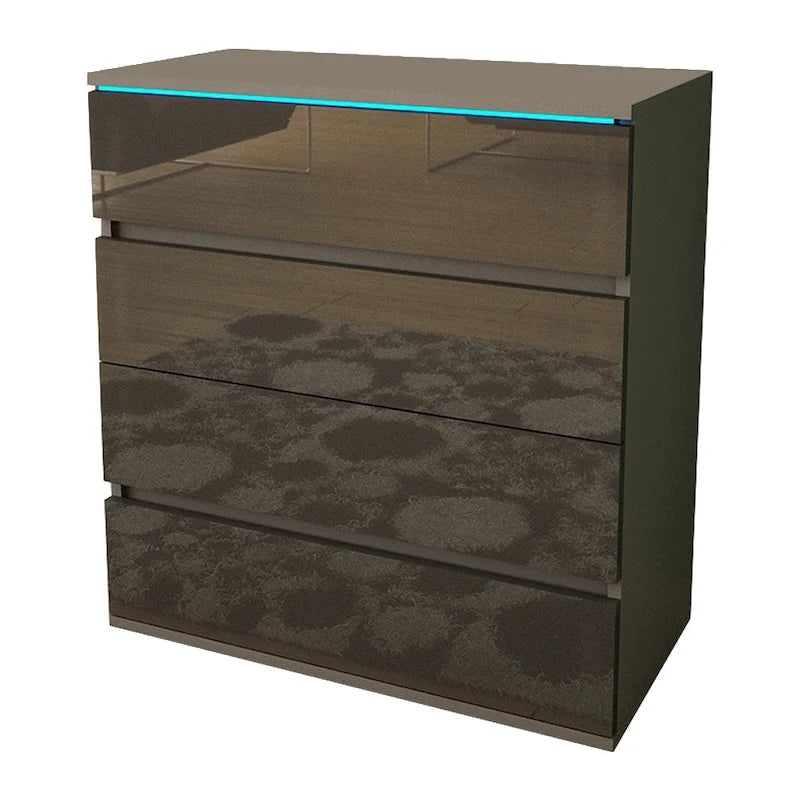 Commode 4 tiroirs laquée brillante avec éclairage LED Noir Gris Blanc