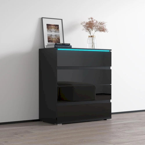 Commode 4 tiroirs laquée brillante avec éclairage LED Noir Gris Blanc