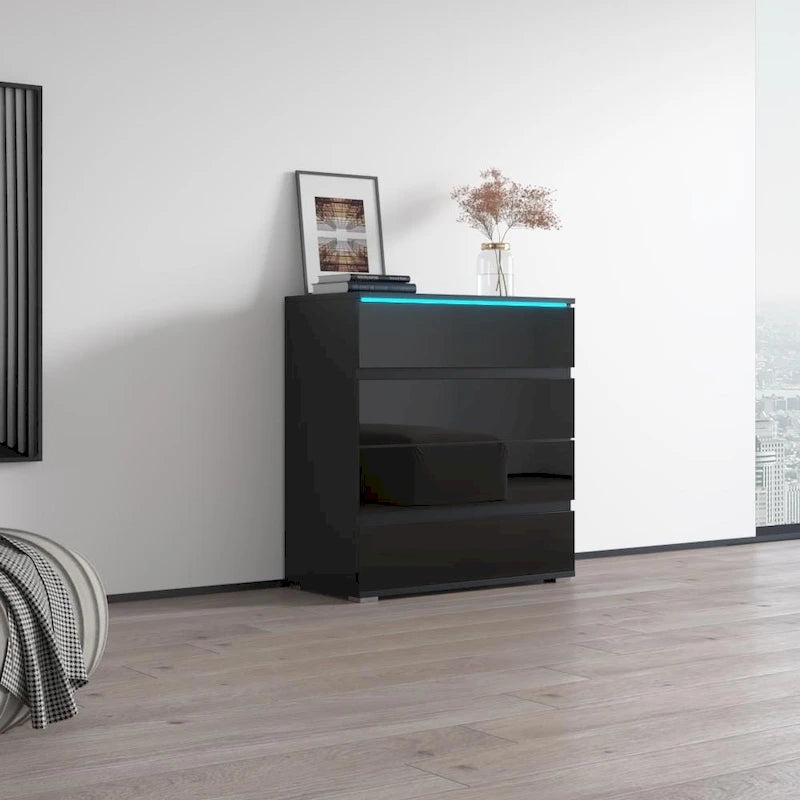 Commode 4 tiroirs laquée brillante avec éclairage LED Noir Gris Blanc