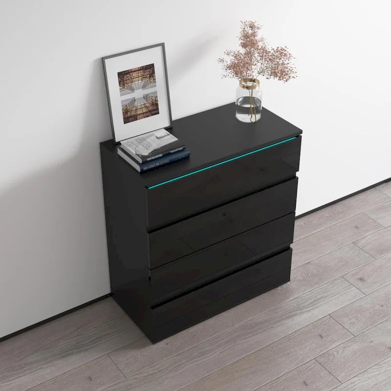 Commode 4 tiroirs laquée brillante avec éclairage LED Noir Gris Blanc