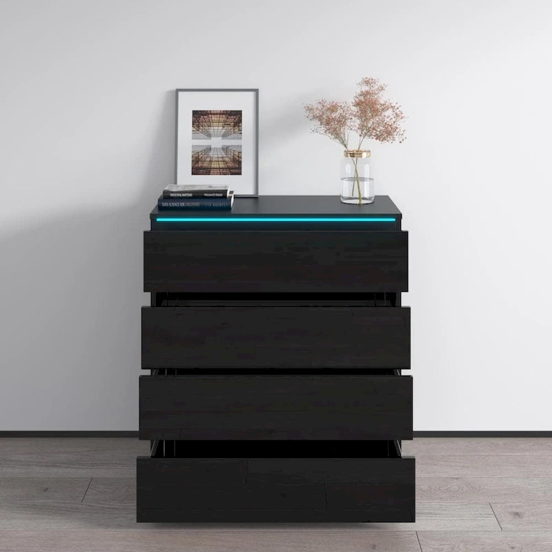 Commode 4 tiroirs laquée brillante avec éclairage LED Noir Gris Blanc