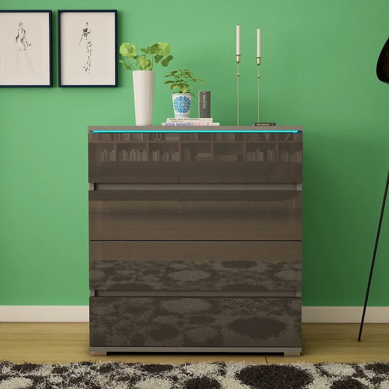 Commode 4 tiroirs laquée brillante avec éclairage LED Noir Gris Blanc