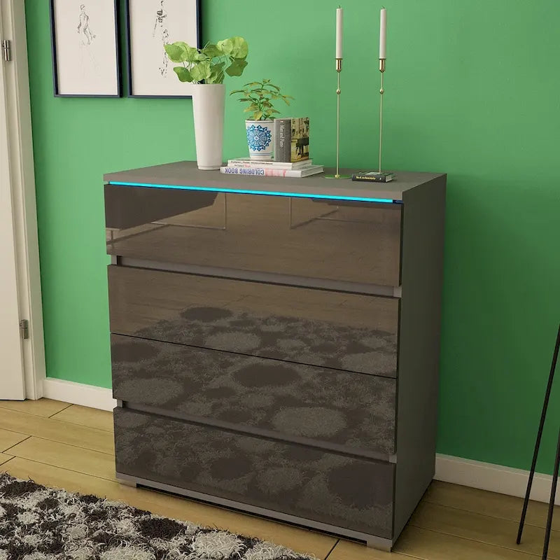Commode 4 tiroirs laquée brillante avec éclairage LED Noir Gris Blanc