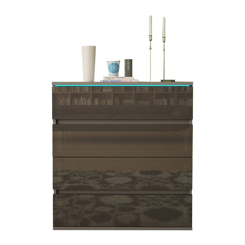 Commode 4 tiroirs laquée brillante avec éclairage LED Noir Gris Blanc