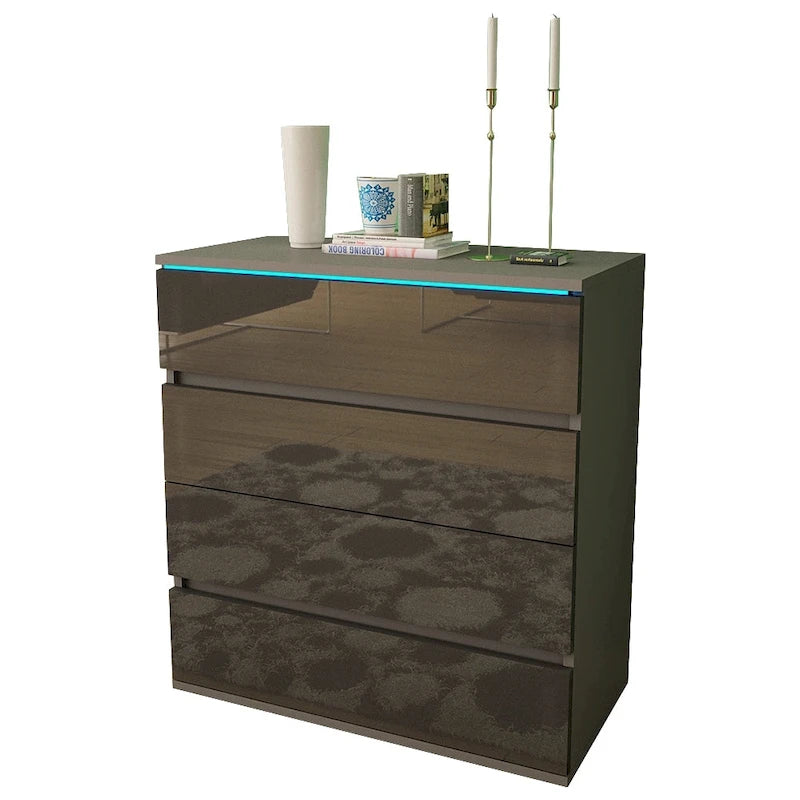 Commode 4 tiroirs laquée brillante avec éclairage LED Noir Gris Blanc