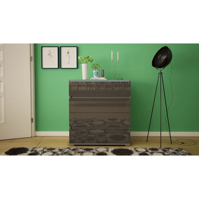 Commode 4 tiroirs laquée brillante avec éclairage LED Noir Gris Blanc