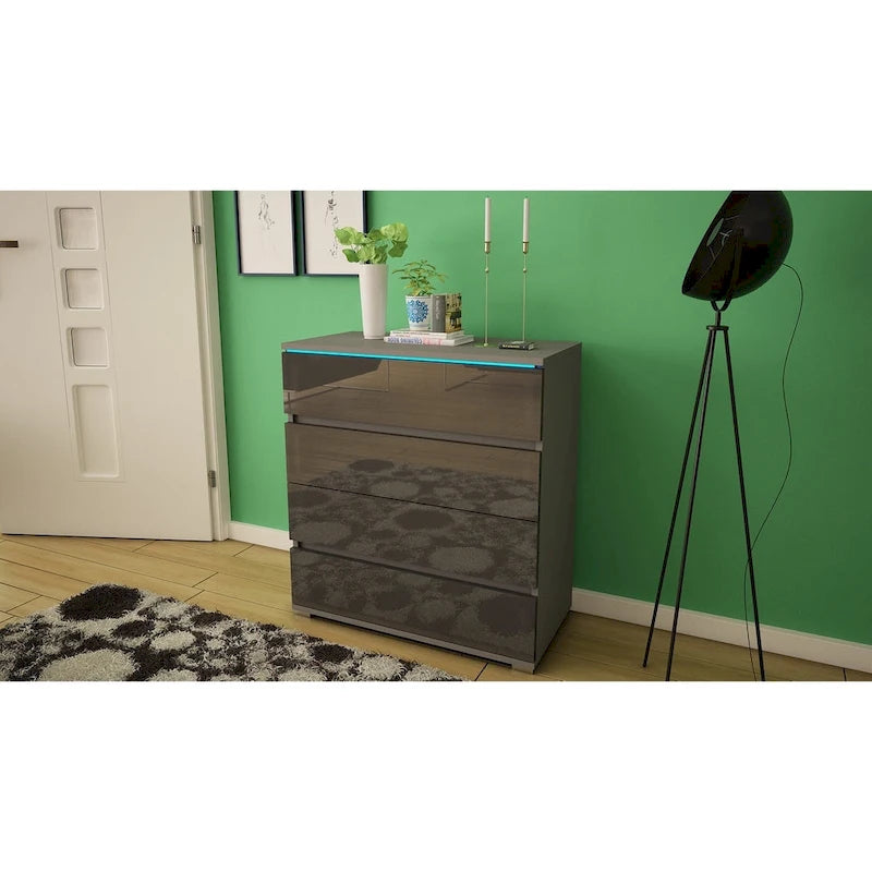 Commode 4 tiroirs laquée brillante avec éclairage LED Noir Gris Blanc
