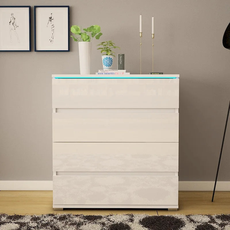Commode 4 tiroirs laquée brillante avec éclairage LED Noir Gris Blanc