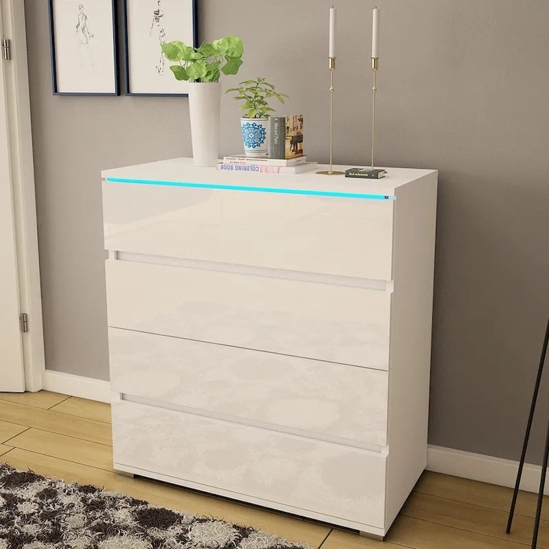 Commode 4 tiroirs laquée brillante avec éclairage LED Noir Gris Blanc