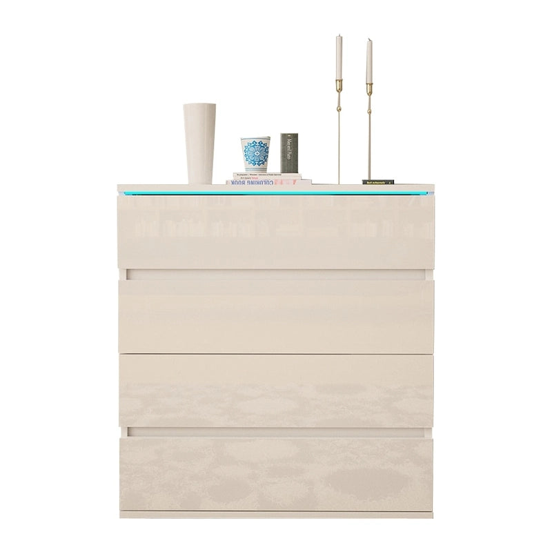 Commode 4 tiroirs laquée brillante avec éclairage LED Noir Gris Blanc