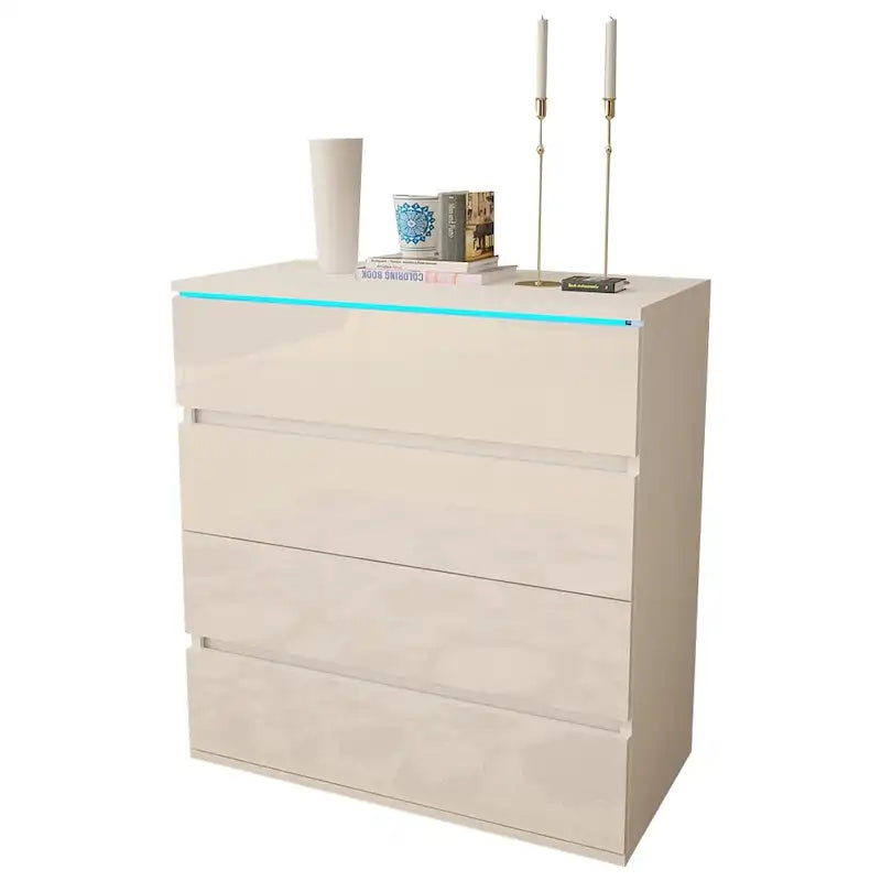 Commode 4 tiroirs laquée brillante avec éclairage LED Noir Gris Blanc