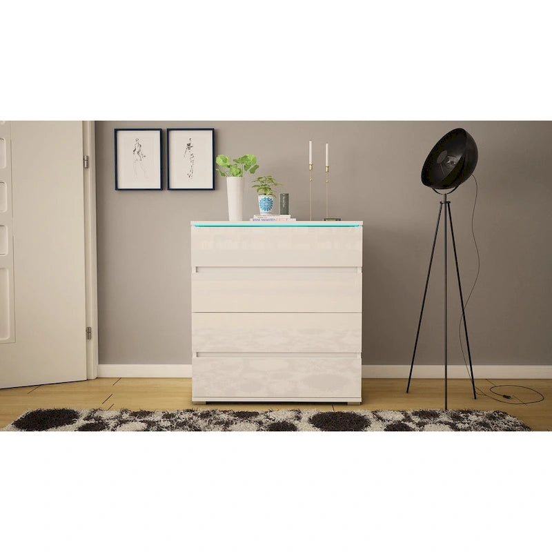 Commode 4 tiroirs laquée brillante avec éclairage LED Noir Gris Blanc