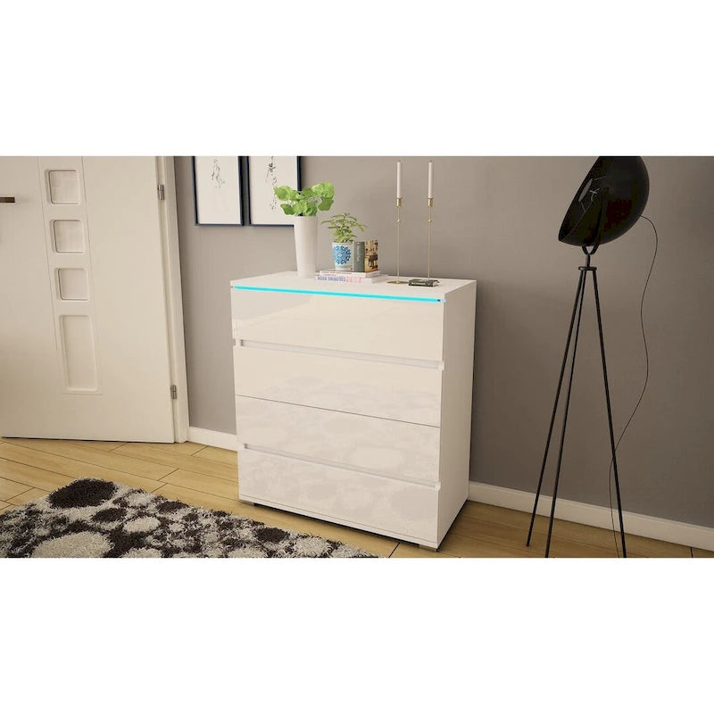 Commode 4 tiroirs laquée brillante avec éclairage LED Noir Gris Blanc