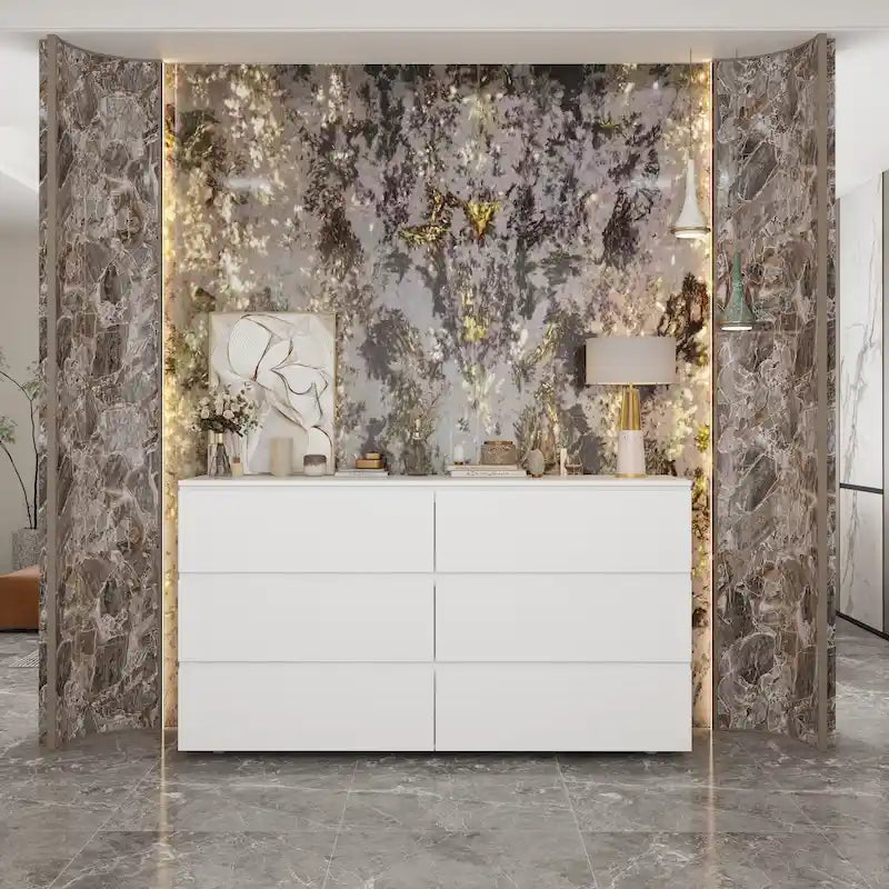 Commode double 6 tiroirs blanche, grand meuble de rangement pour chambre à coucher