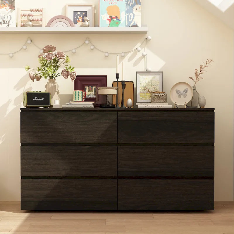 Commode double 6 tiroirs blanche, grand meuble de rangement pour chambre à coucher