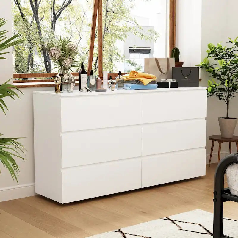 Commode double 6 tiroirs blanche, grand meuble de rangement pour chambre à coucher