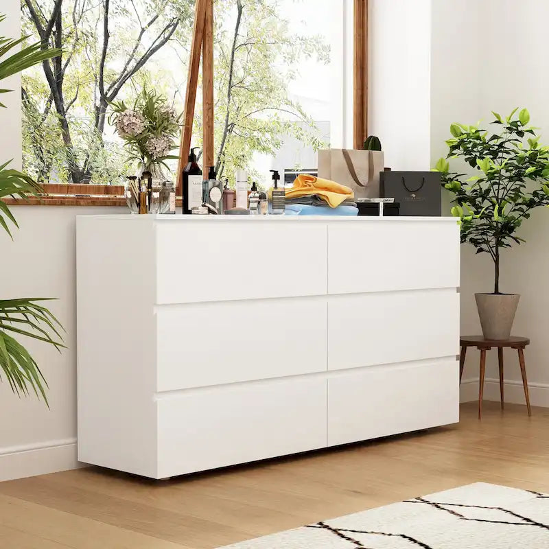 Commode double 6 tiroirs blanche, grand meuble de rangement pour chambre à coucher