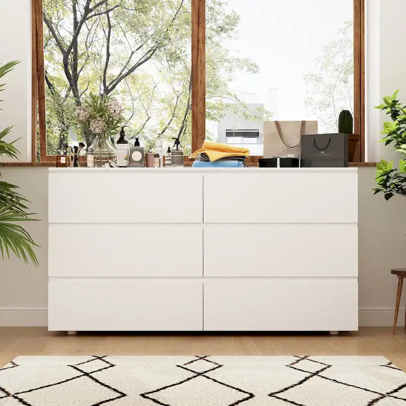 Commode double 6 tiroirs blanche, grand meuble de rangement pour chambre à coucher