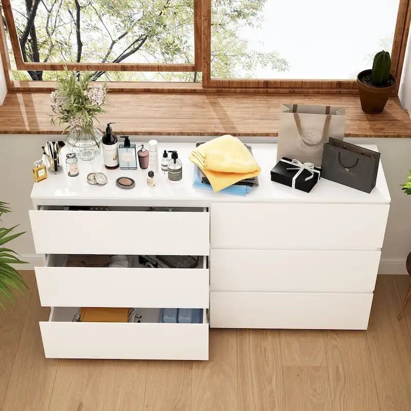 Commode double 6 tiroirs blanche, grand meuble de rangement pour chambre à coucher