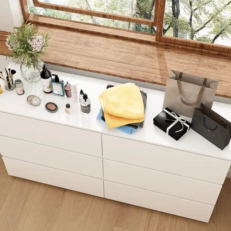 Commode double 6 tiroirs blanche, grand meuble de rangement pour chambre à coucher