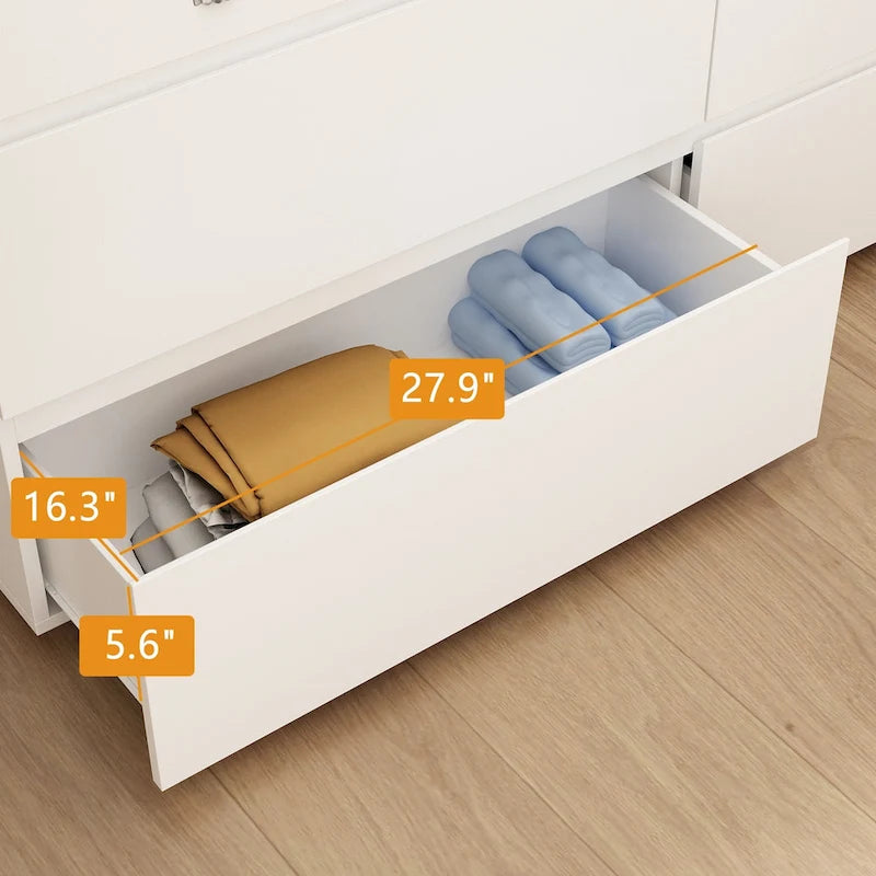 Commode double 6 tiroirs blanche, grand meuble de rangement pour chambre à coucher