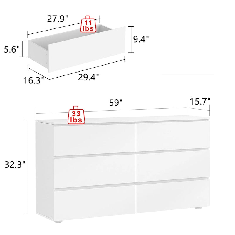 Commode double 6 tiroirs blanche, grand meuble de rangement pour chambre à coucher