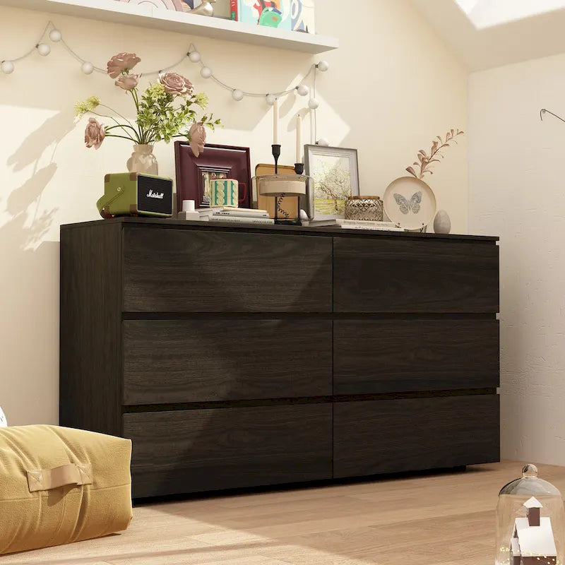 Commode double 6 tiroirs blanche, grand meuble de rangement pour chambre à coucher