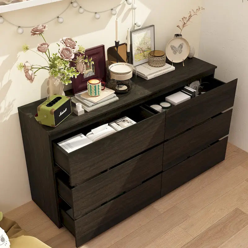 Commode double 6 tiroirs blanche, grand meuble de rangement pour chambre à coucher