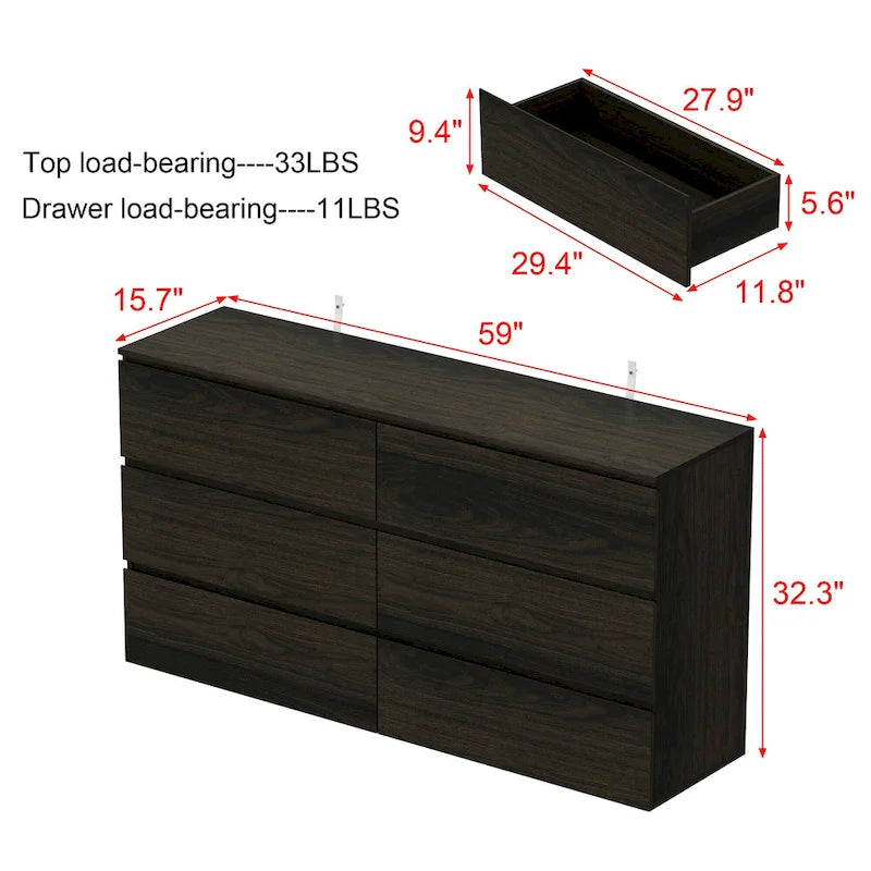 Commode double 6 tiroirs blanche, grand meuble de rangement pour chambre à coucher