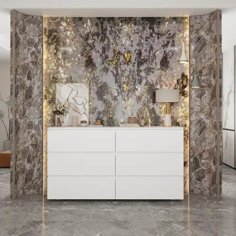Commode double 6 tiroirs blanche, grand meuble de rangement pour chambre à coucher