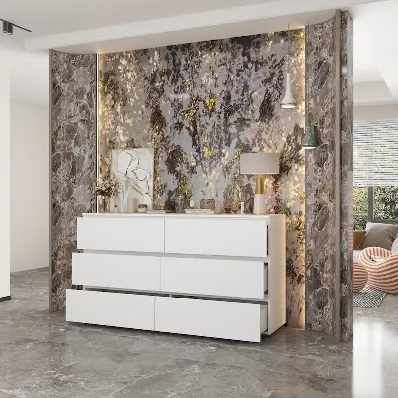 Commode double 6 tiroirs blanche, grand meuble de rangement pour chambre à coucher