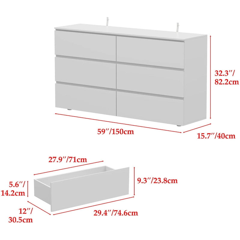 Commode double 6 tiroirs blanche, grand meuble de rangement pour chambre à coucher