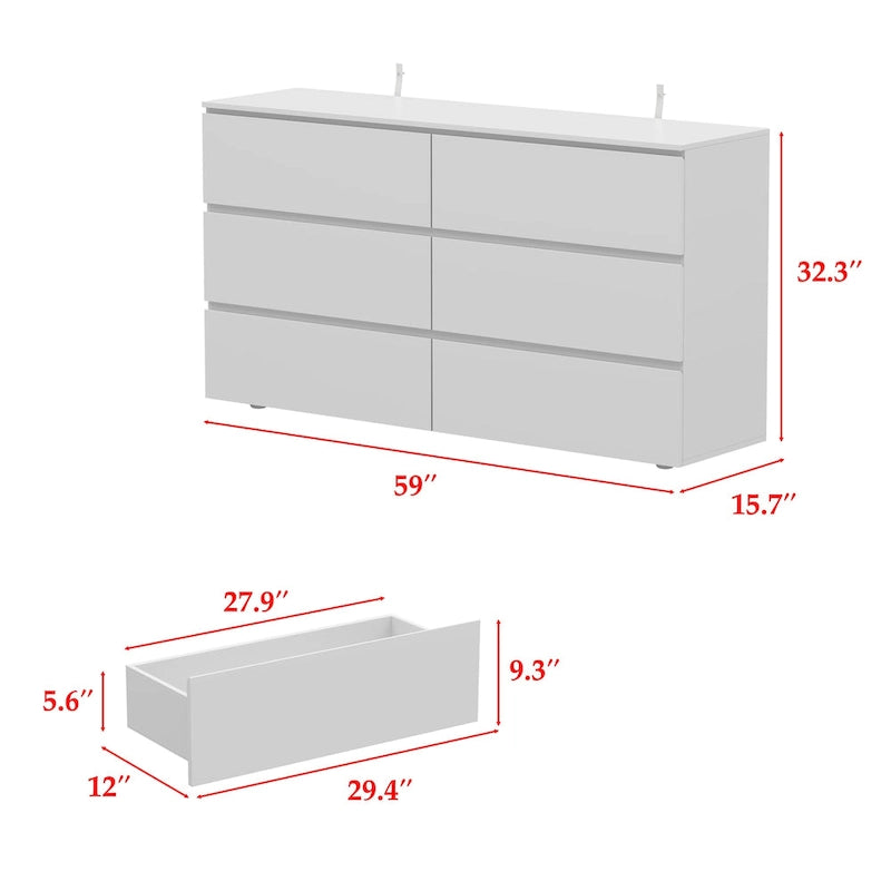 Commode double 6 tiroirs blanche, grand meuble de rangement pour chambre à coucher