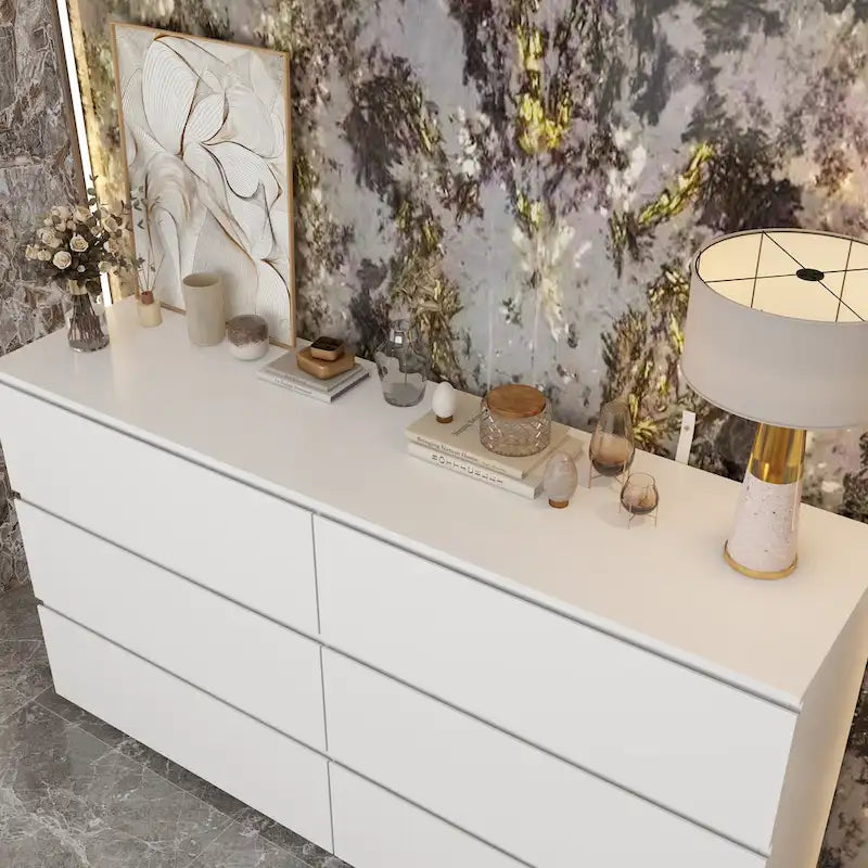 Commode double 6 tiroirs blanche, grand meuble de rangement pour chambre à coucher