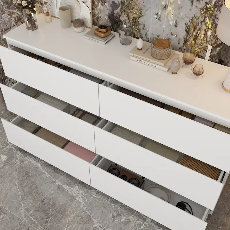 Commode double 6 tiroirs blanche, grand meuble de rangement pour chambre à coucher