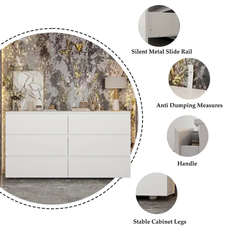Commode double 6 tiroirs blanche, grand meuble de rangement pour chambre à coucher