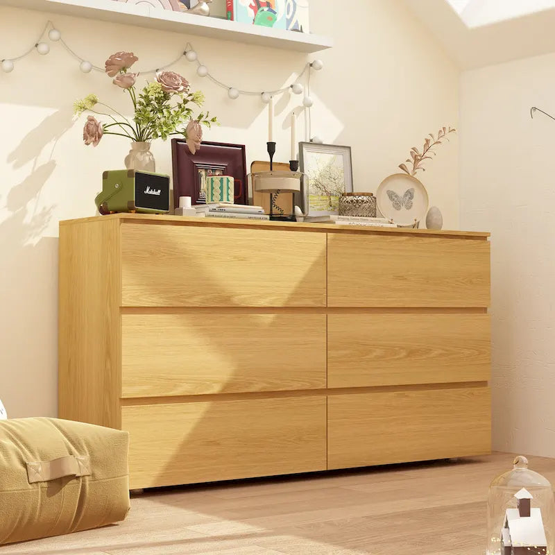 Commode double 6 tiroirs blanche, grand meuble de rangement pour chambre à coucher