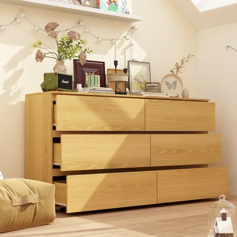 Commode double 6 tiroirs blanche, grand meuble de rangement pour chambre à coucher