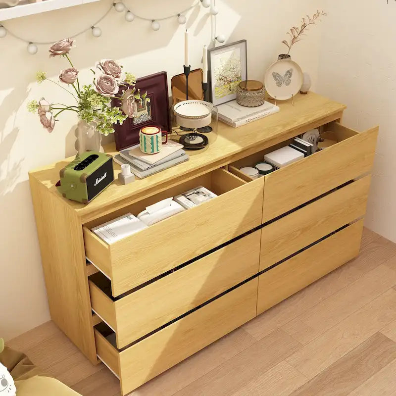 Commode double 6 tiroirs blanche, grand meuble de rangement pour chambre à coucher