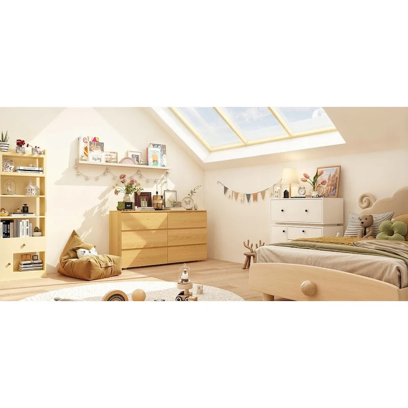 Commode double 6 tiroirs blanche, grand meuble de rangement pour chambre à coucher